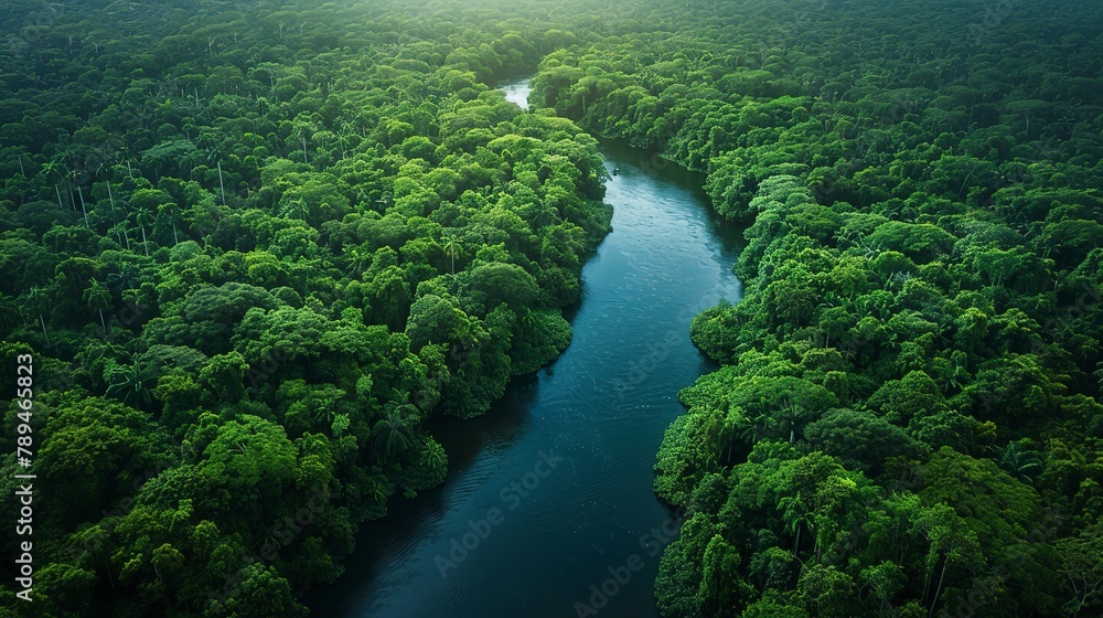 Fototapeta premium Aerial view of a winding river cutting through a dense, lush forest, showcasing nature's intricate patterns. 