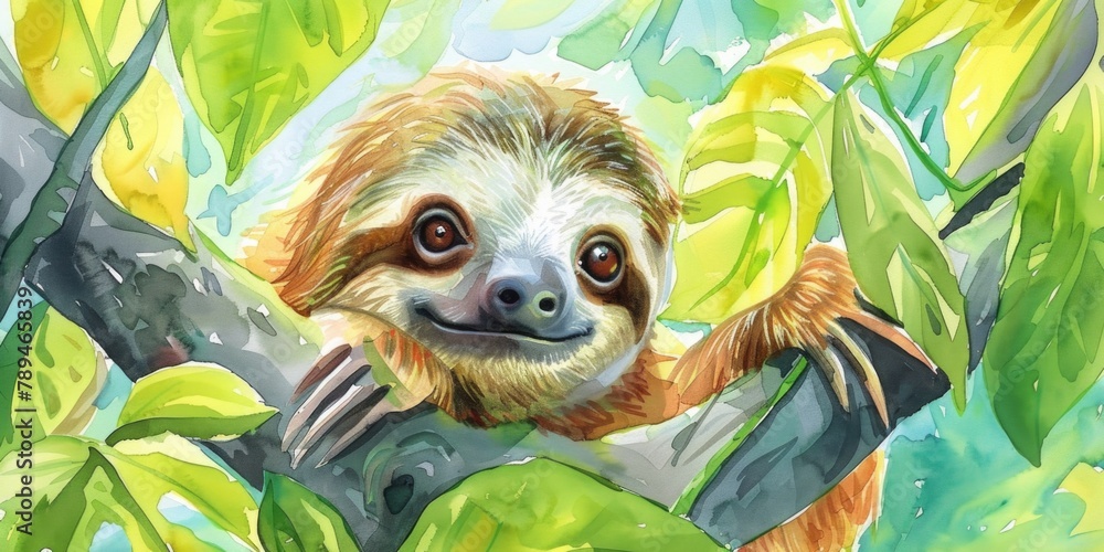 Fototapeta premium A cute sloth hanging from a tree branch. Suitable for nature and animal themes