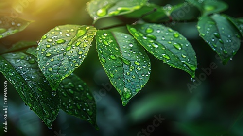 Crystal clear water drops on vibrant green leaves, close-up with sunlight filtering through. 