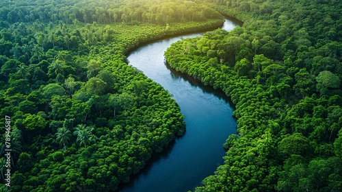 Aerial view of a winding river cutting through a dense, lush forest, showcasing nature's intricate patterns. 