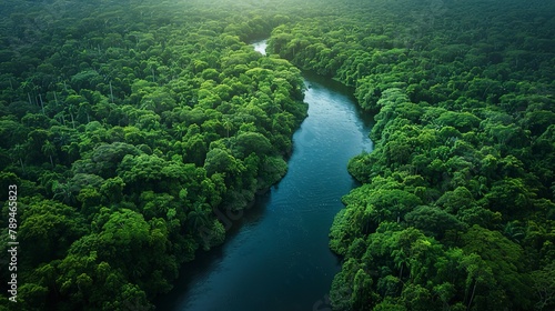 Aerial view of a winding river cutting through a dense  lush forest  showcasing nature s intricate patterns. 