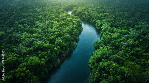 Aerial view of a winding river cutting through a dense, lush forest, showcasing nature's intricate patterns. 