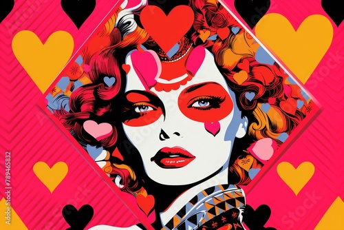 Queen of Hearts card, pop art style, vibrant pink and orange hues , high resolution
