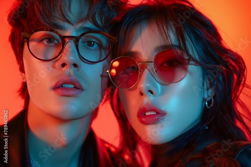 Stylish duo in cool eyewear against a vibrant neon backdrop exudes a modern