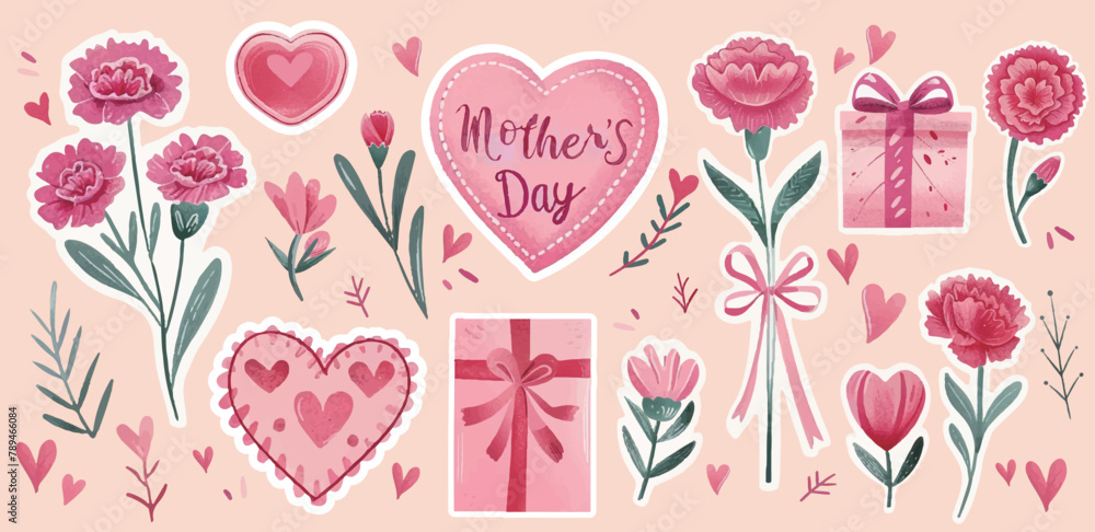 A collection of Mother's Day stickers in pink watercolor style, with all elements being separate, including carnations, gifts, bouquets, heart shapes, and floral patterns. Vector Illustration.