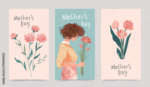 A set of Mother's Day card designs featuring simple and fresh watercolor illustrations of beautiful mothers with carnation flowers and bouquets.