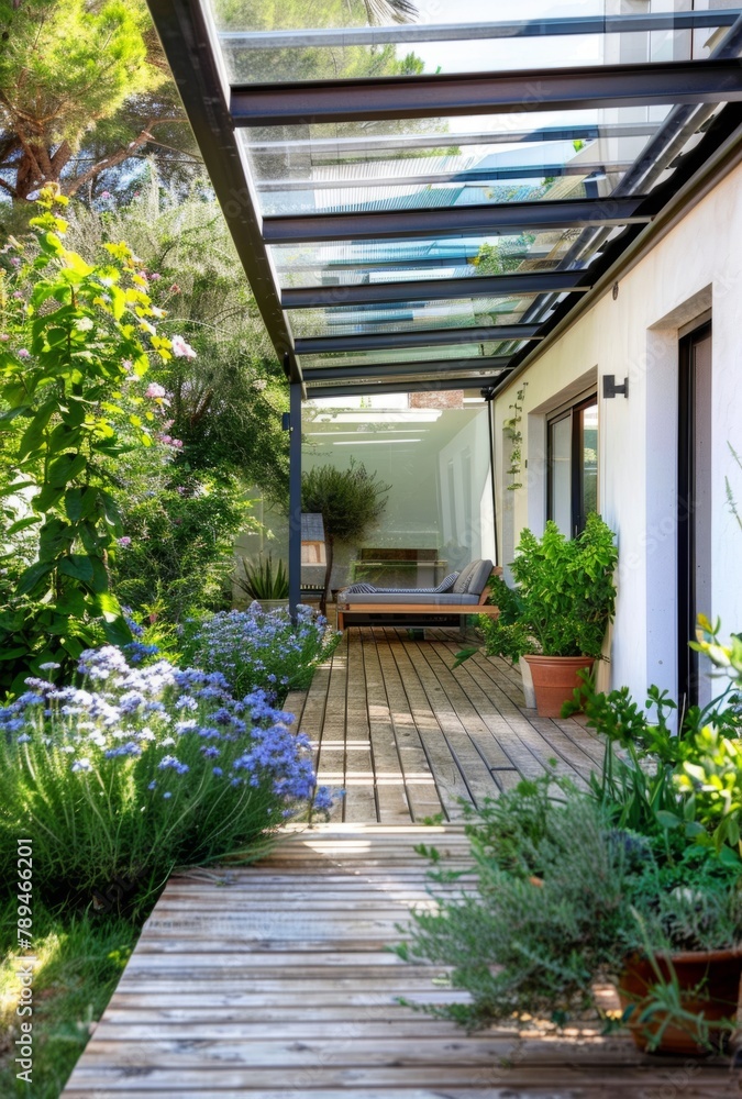Naklejka premium A small outdoor wooden deck with a glass roof, a garden and white walls