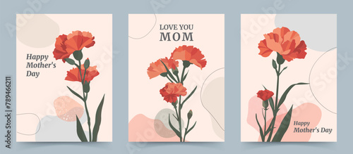 Vector illustration design of carnations depicted in an abstract, organic, minimalist flat style in Matisse style. Mother's Day design concept.