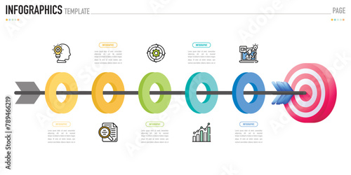 Circular infographic template or element with 5 step, process, option, colorful 3D circle, tag, button, label, icons, row, bar, funnel, fishbone, tree diagram for sale slide, web, flowchart