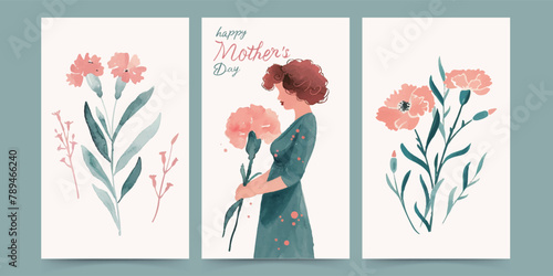 A set of Mother's Day card designs featuring simple and fresh watercolor illustrations of beautiful mothers with carnation flowers and bouquets.
