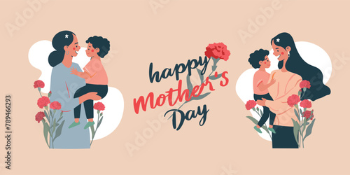 Mother s Day design  vector illustrations of mothers embracing children with carnation flowers  floral elements  hand-drawn style  and handwritten fonts.