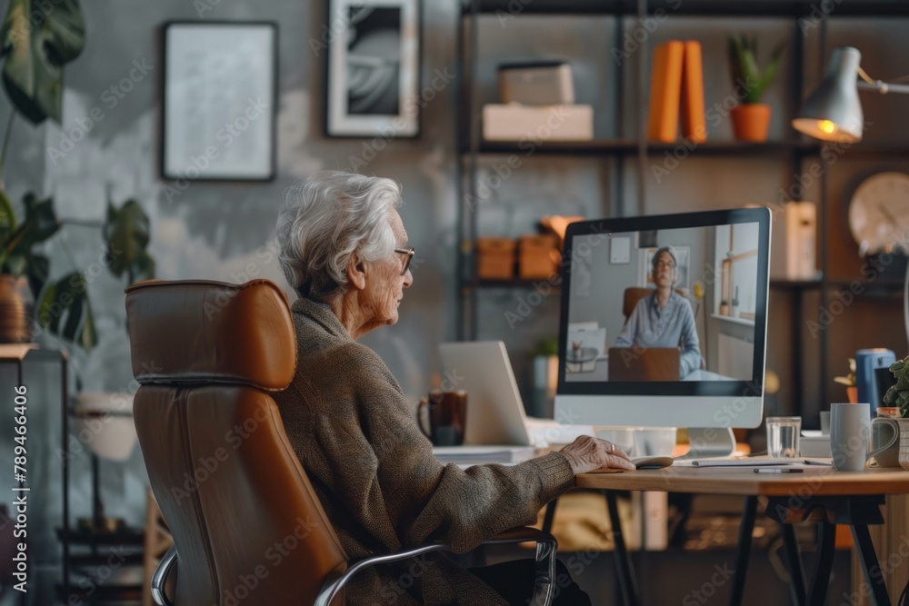 A photo of an older woman sitting at her desk in front of the computer A photo of an older woman sitting at her desk in front of the computer