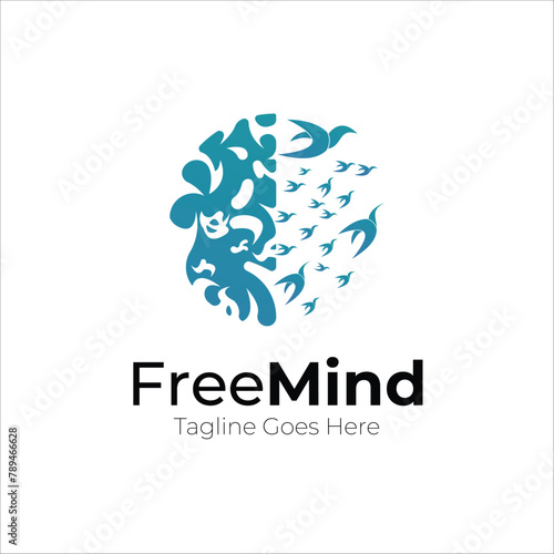 Mind logo, combination of mind and bird symbol of freedom, flat design logo template, suitable for health companies, psychiatrists