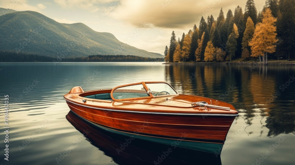 Serenity on the Water: Classic Wooden Speedboat on a Tranquil Lake. Generative ai Serenity on the Water: Classic Wooden Speedboat on a Tranquil Lake. Generative ai