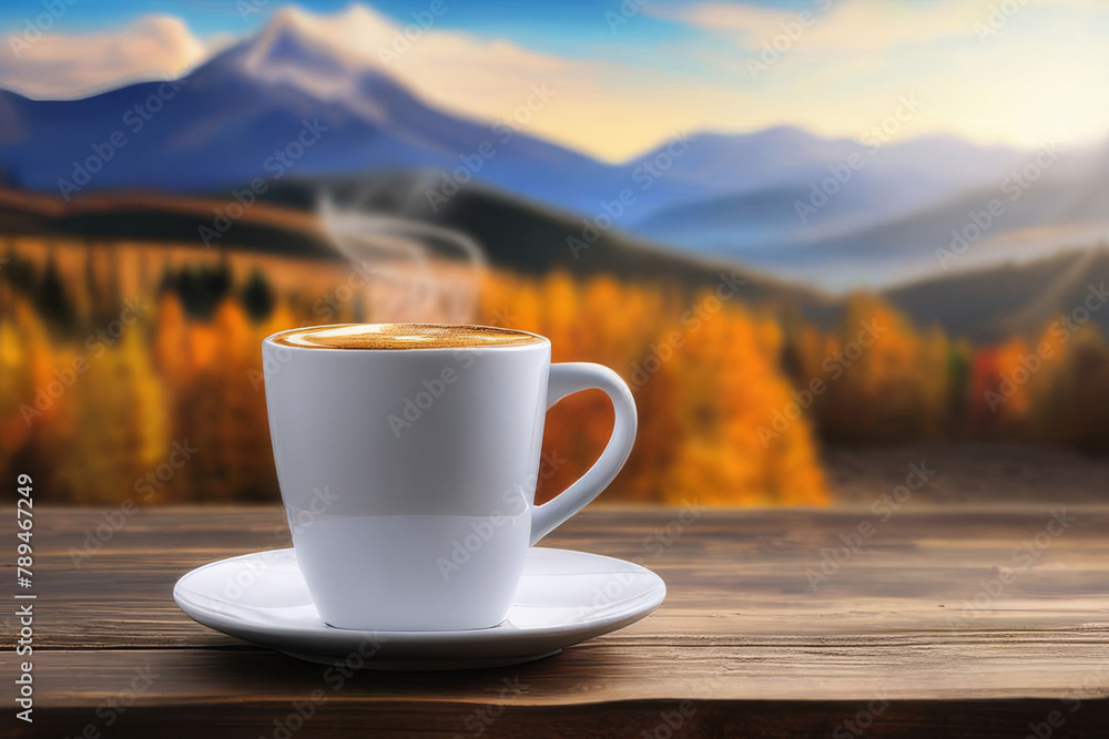 Wooden table and a cup of coffee, tea against the backdrop of beautiful mountains in the autumn season. Autumn season, free time, coffee break, September, October, November concept.