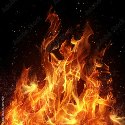 Intense Fire Flames Isolated on Black Background. Generative ai