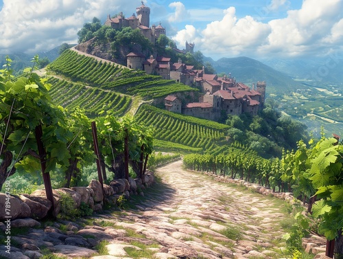 A beautiful vineyard with a winding road leading to it. The road is surrounded by lush green vines and the sky is clear and blue. The scene is peaceful and serene