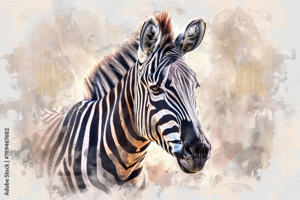 Naklejka premium A realistic digital painting of a zebra's face, suitable for various design projects