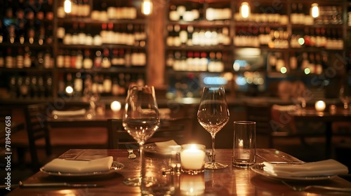 Cozy Candlelit Table with Wine Glasses and Bottles in Intimate Restaurant or Bar Setting