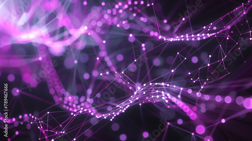 This portrayal showcases digital data connections with pulsating purple lines and dots, mimicking the flow of information in a network. in a stunning visual representation.