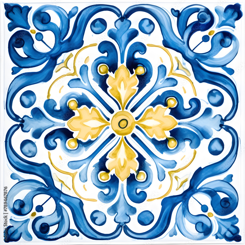 Fototapeta premium Pattern of Portuguese azulejos tiles. Rustic blue tile watercolor seamless pattern