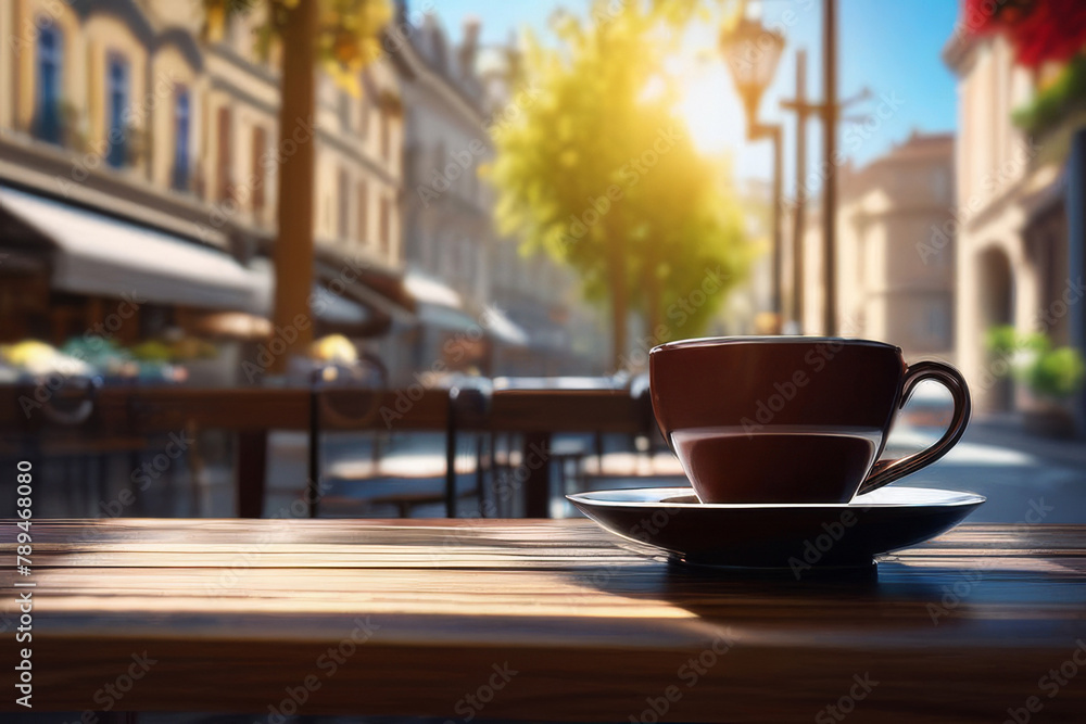 A cup of hot coffee, tea, chocolate on a wooden table early in the morning with a view of the waking up city.