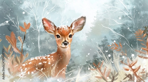 A beautiful painting of a deer in the snow, perfect for winter themes