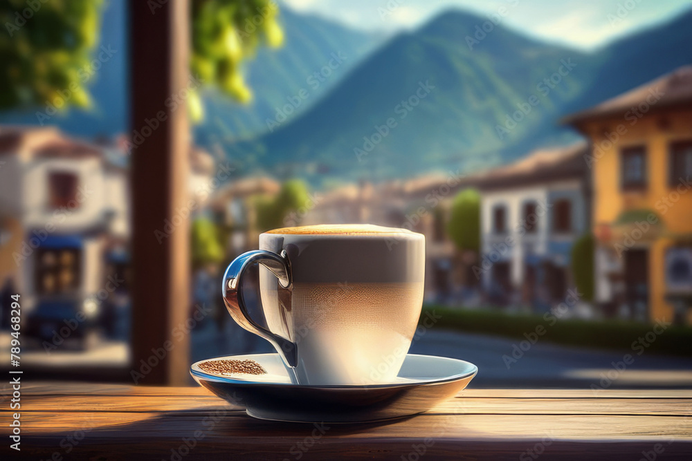 A cup of hot coffee, tea, chocolate on a wooden table early in the morning with a view of the waking up city.