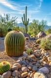 Arizona desert landscape with large cacti, native grasses and rocks in the foreground of this photo