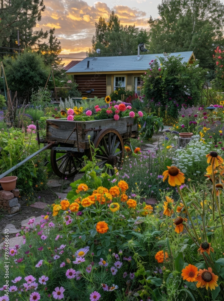 A small garden with an old wagon as the centerpiece, surrounded by vibrant flowers like marigolds and cosmos