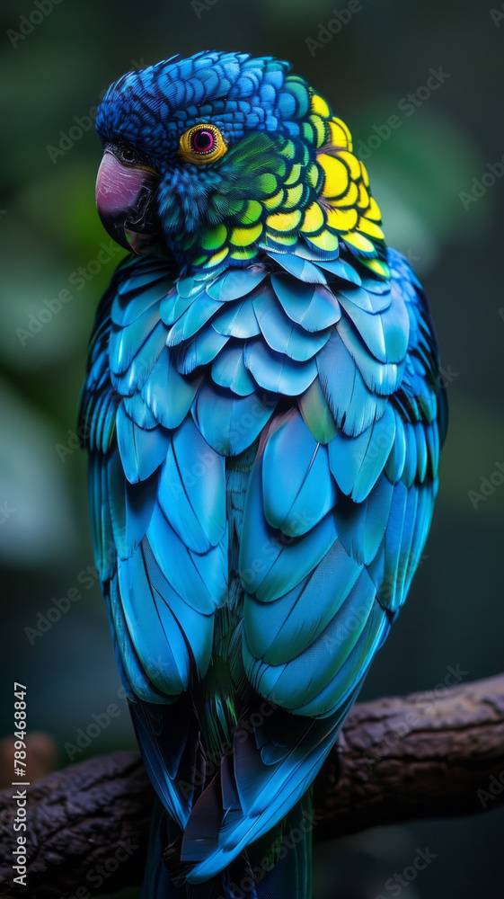 Obraz premium An exotic bird, blue feathers, with bright green circles on the feathers, it is very colorful and is in nature,generative ai