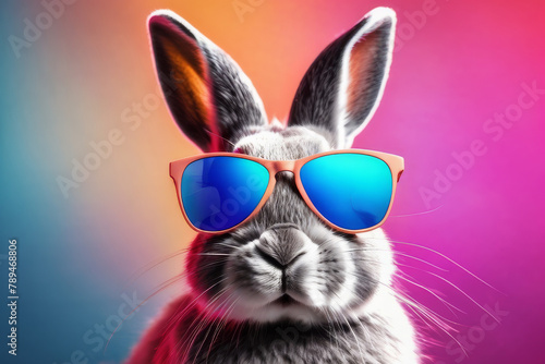 Close-up of a fashionable gray rabbit wearing glasses on a neon color background.