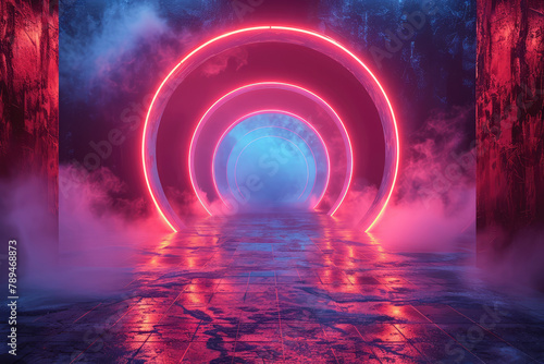 3D render of a red neon light circle on a podium surrounded by smoke  with a fantasy background setting and dark  mysterious mood. Created with Ai
