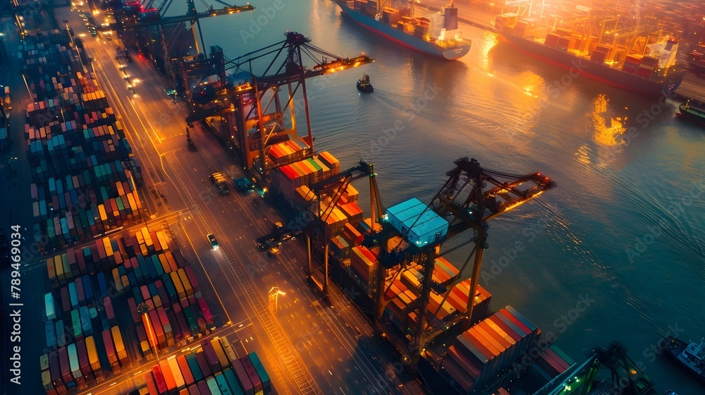 Global Marine Transportation: A Dusk View of a Bustling Container Port in Full Swing