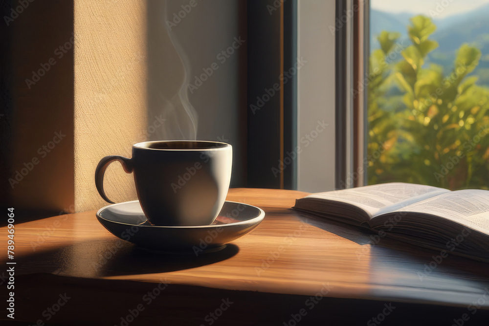 A cup of hot coffee, tea, chocolate on a wooden table early in the morning with a view of the waking up city.