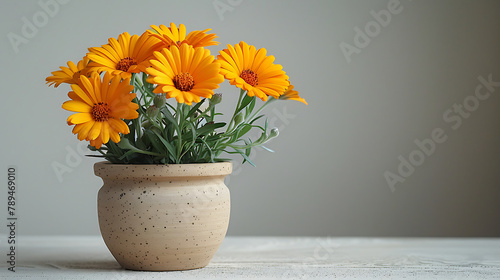 Calendula flower in a pot on a white background (ID: 789469010)