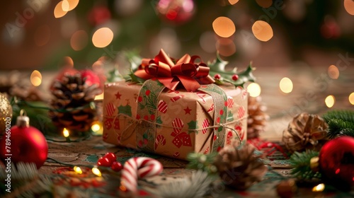 A Christmas present box wrapped in brown kraft paper with a red and green pattern  decorated with a bow on top of the gift.