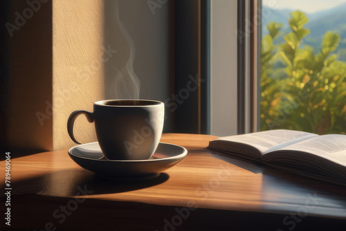 A cup of hot coffee, tea, chocolate on a wooden table early in the morning with a view of the waking up city.