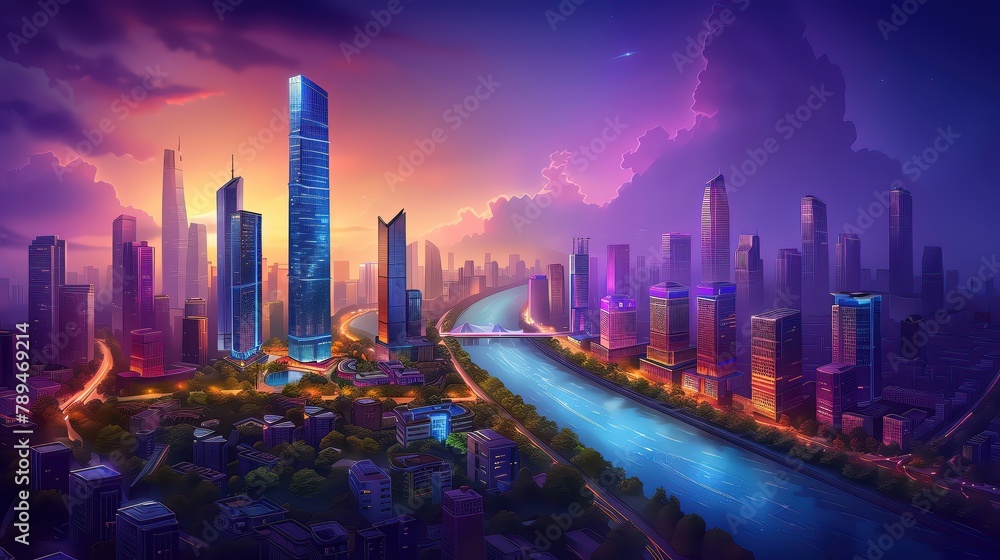 Fototapeta premium A meandering river snakes through an urban landscape, its steelandglass towers reflecting the changing hues of the sky