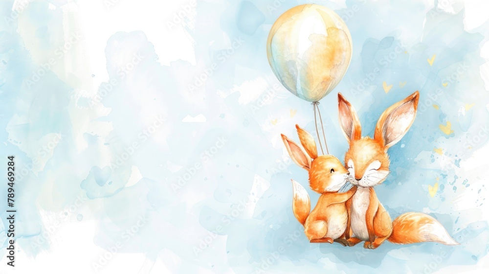 Obraz premium Charming watercolor painting of a rabbit holding a colorful balloon. Perfect for children's book illustrations or greeting cards