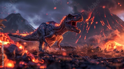 Volcanic land, dinosaurs escaping lava, dramatic lighting, low angle, 2D. photo