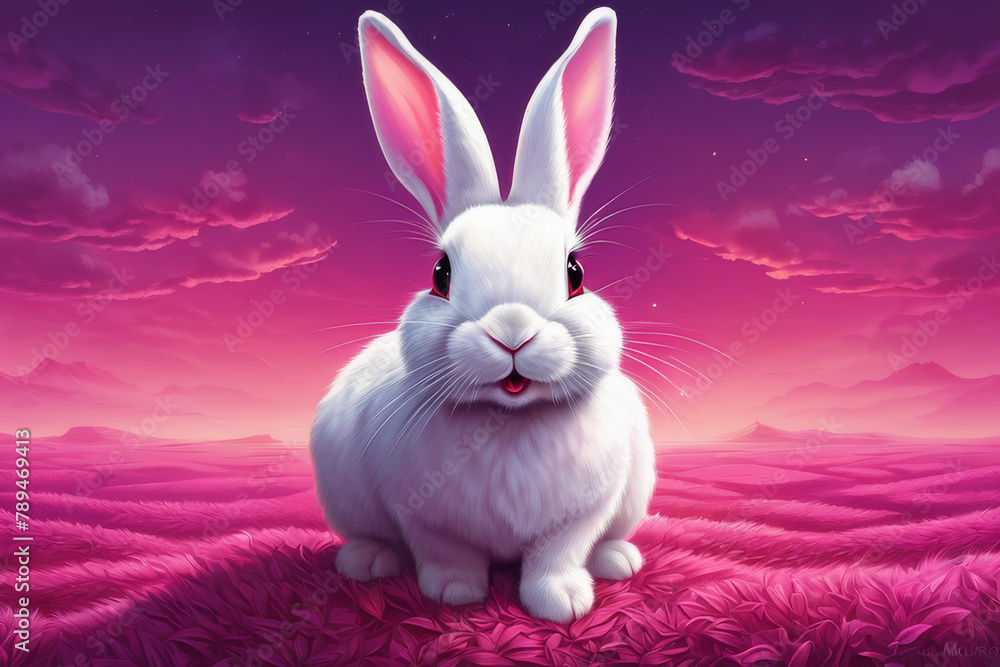 Close-up of a white fluffy rabbit on a pink pastel background. Easter bunny for Easter