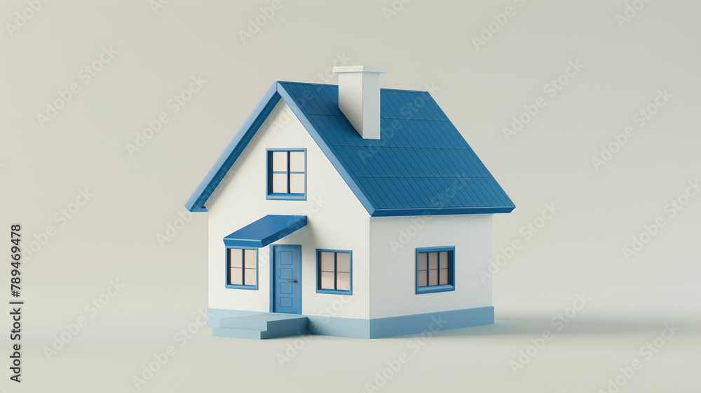 A simple house with a blue roof and white walls on an isolated ...