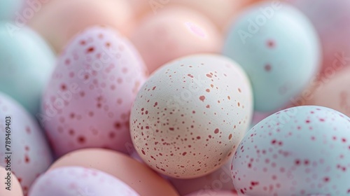 A closeup of pastel colored Easter eggs, arranged in an aesthetically pleasing pattern