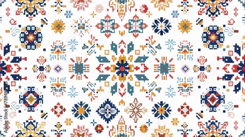 Traditional sampler cross-stitch, alphabet and motifs, 2D illustration