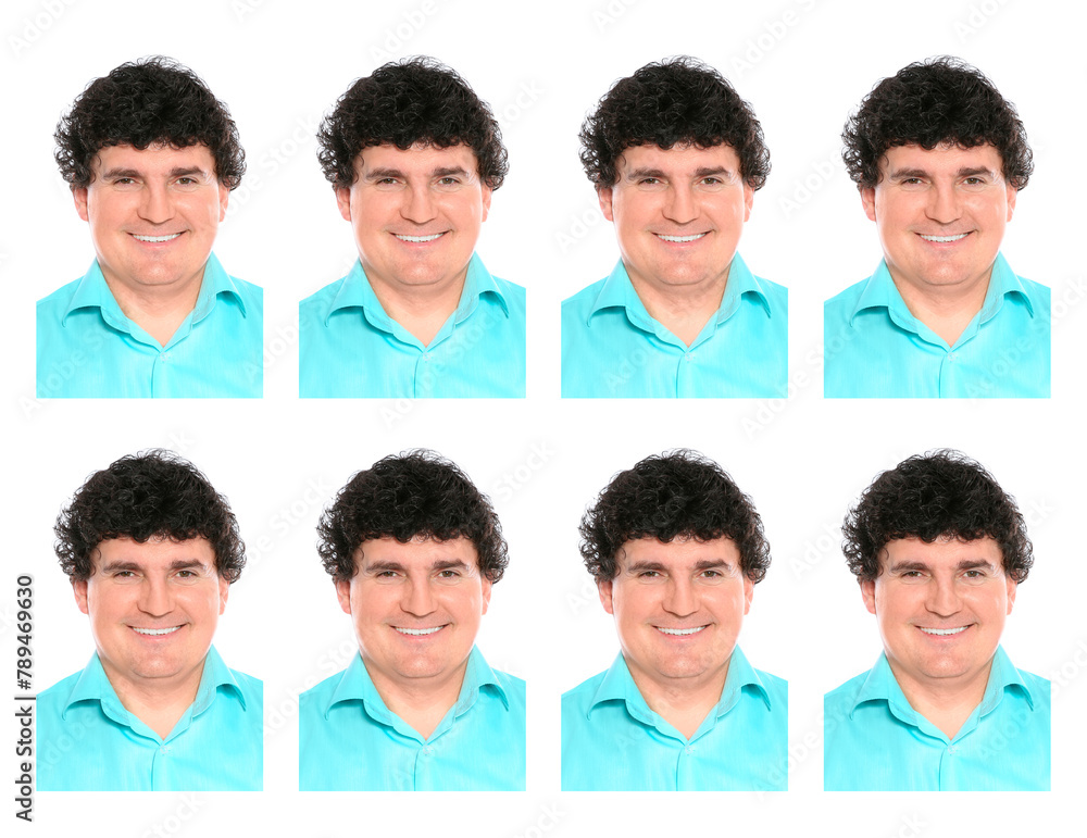 Fototapeta premium Passport photo, collage. Man on white background, set of photos