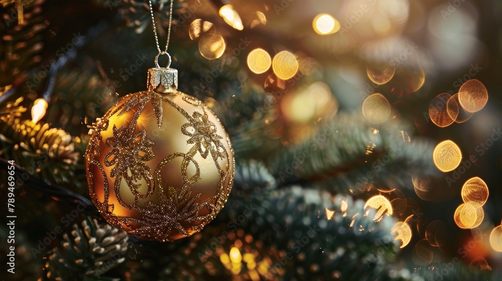 A closeup shot of an intricately designed gold glitter ornament hanging from the top, adorned with delicate patterns and shimmering in soft light., focus on face , dark background A closeup shot of an intricately designed gold glitter ornament hanging from the top, adorned with delicate patterns and shimmering in soft light., focus on face , dark background
