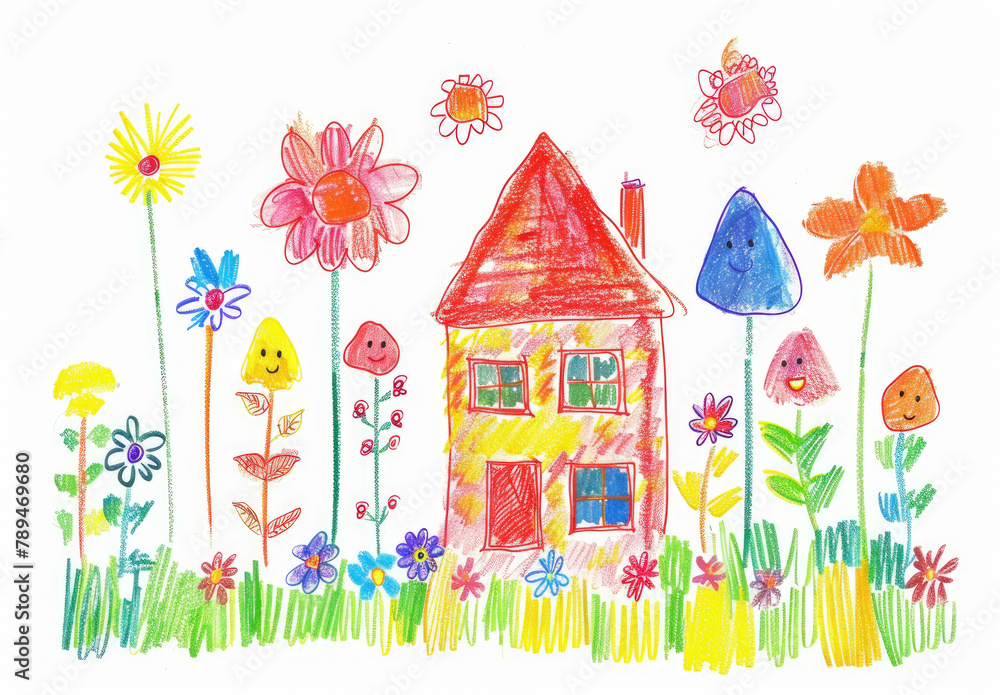 Naive children's drawing with colored chalk on white paper, made in the style of a child, house and flowers, isolated on white background