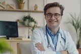 Webcam view, cheerful and successful family doctor consults patients remotely online, video call of man in medical coat smiling and looking at camera, Generative AI