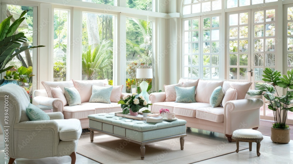 Fototapeta premium A bright and airy living room with pastel-colored furniture and large windows overlooking a lush garden. 